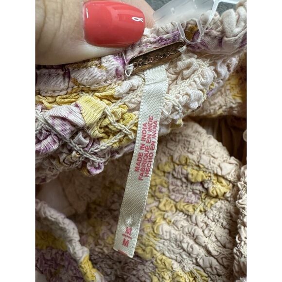 Free People Kalimantan Printed Midi Dress Bold Floral Ruched Blush Yellow Medium - Picture 12 of 14
